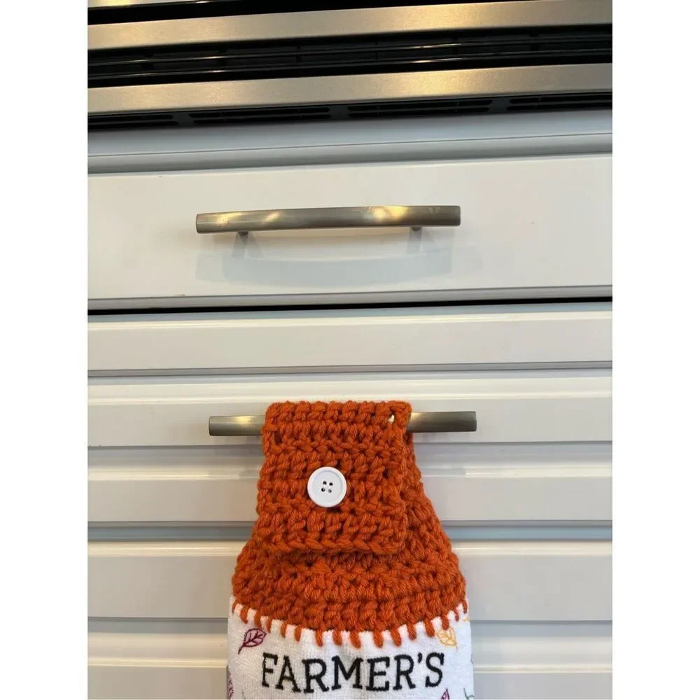 Crochet Top Kitchen towel-Farmers market pumpkin patch red truck
